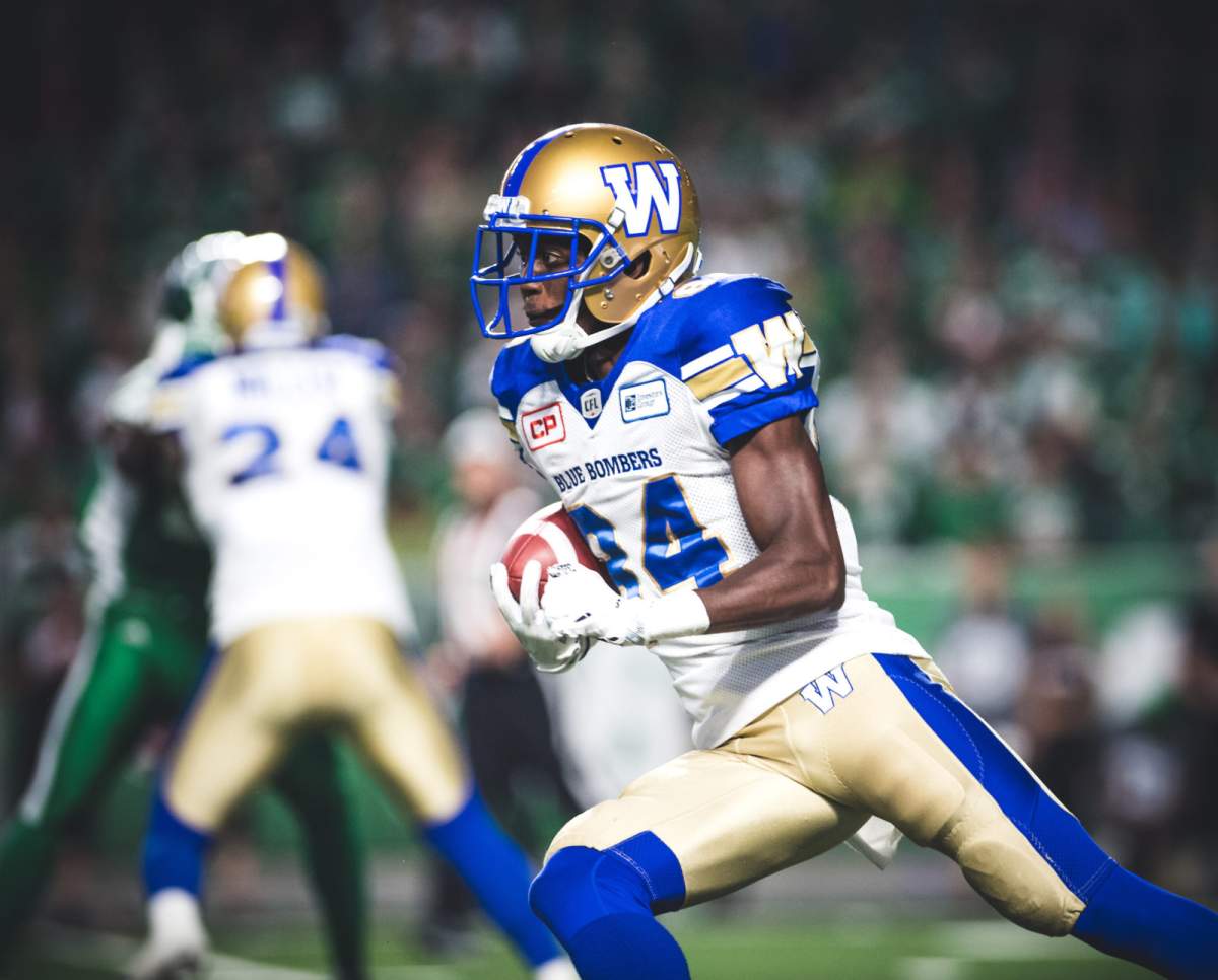 Ryan Lankford (84) of the Winnipeg Blue Bombers during the game at New Mosaic Stadium in Regina, SK, Saturday, July 1st, 2017. (Photo: Johany Jutras).