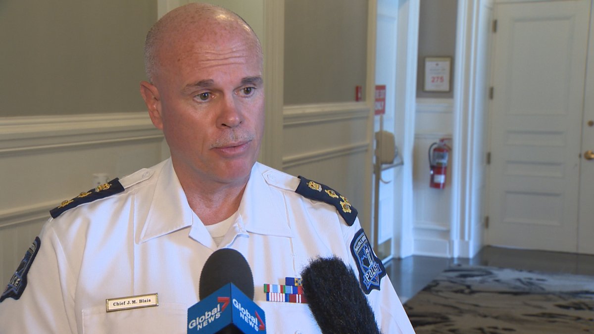 Halifax Regional Police chief Jean-Michel Blais updates reporters on the progress of the drug exhibit audit. 