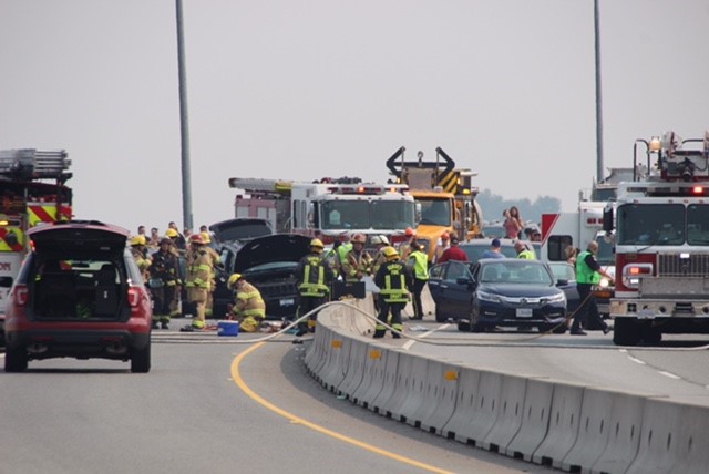 Multiple emergency services rushed to the scene of a two-vehicle collision on the Port Mann Bridge on Sunday afternoon.