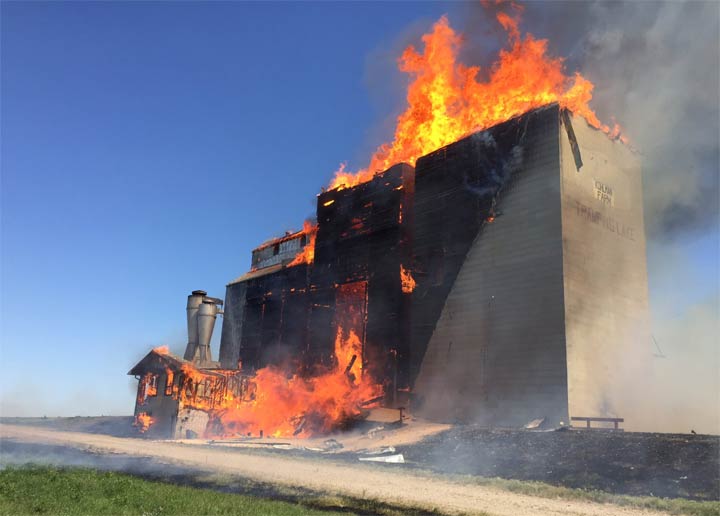 A family elevator in Tramping Lake, Sask., holding 35,000 bushels of yellow peas has been destroyed by fire.