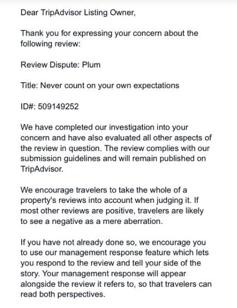 TripAdvisor response to Plum resarount