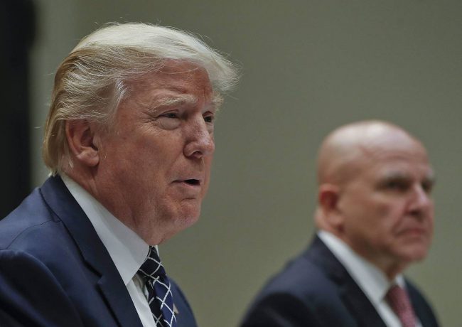 President Donald Trump, with National Security Adviser H.R. McMaster, right, speaks while having lunch with services members in the Roosevelt Room of the White House in Washington, Tuesday, July 18, 2017. 
