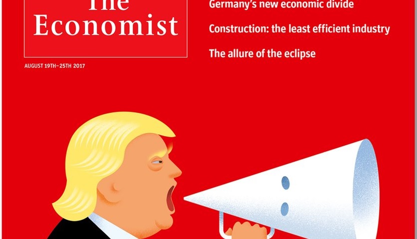 The cover of this week's The Economist depicts U.S. President Donald Trump yelling into a megaphone shaped like a KKK hood.