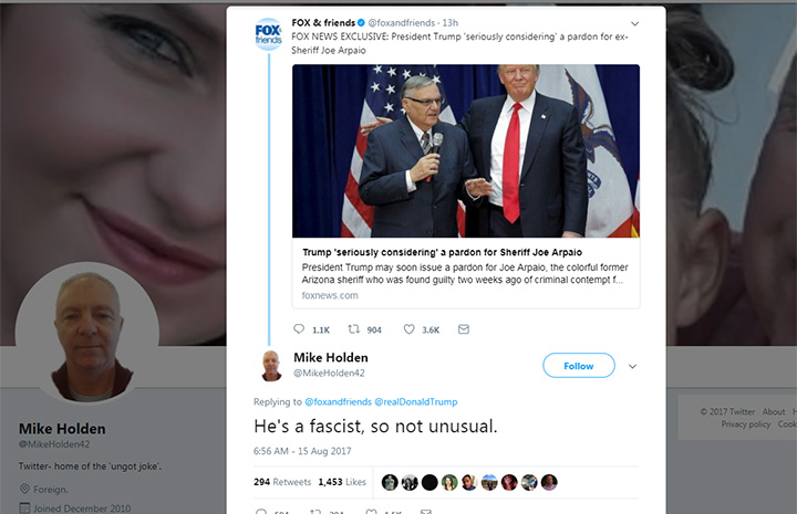 Screenshot of @MikeHolden42 Twitter feed.