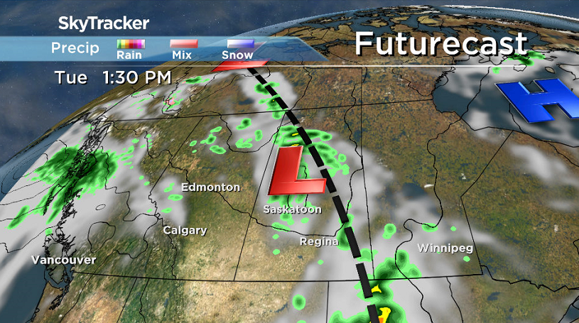 Low pressure system sweeping through will bring a chance of showers and thunderstorms Tuesday.