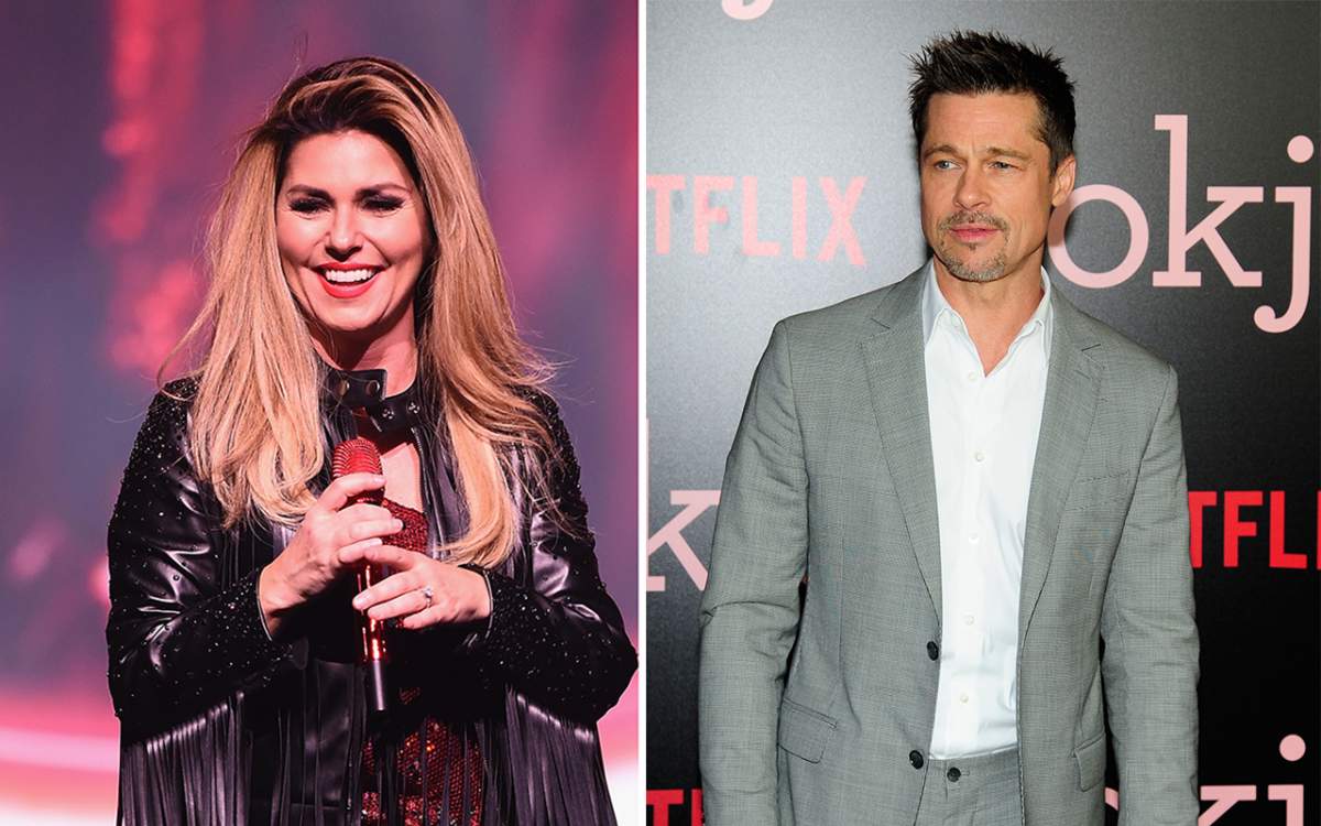 (L-R) Shania Twain and Brad Pitt.