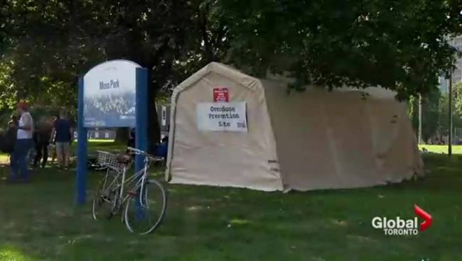 An unauthorized overdose prevention centre in Toronto’s Moss Park neighbourhood.