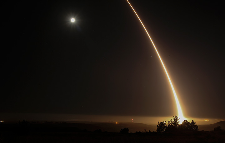 A streak of light trails off into the night sky as the U.S. military test fires an unarmed intercontinental ballistic missile at Vandenberg Air Force Base, northwest of Los Angeles, California on May 3, 2017. 