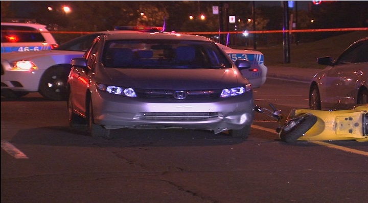 A 61-year-old man is recovering in hospital after the scooter he was riding was struck by a car late Saturday night in Montreal's Cité-du-Havre district. Sunday, Aug. 6, 2017.