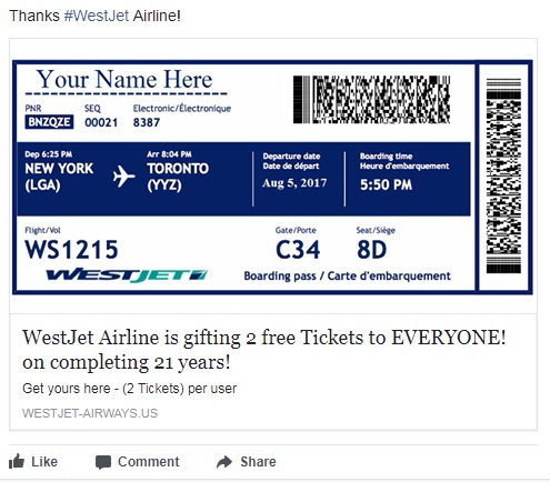 A screengrab from Facebook show the ad claiming WestJet is giving awake flight tickets.
