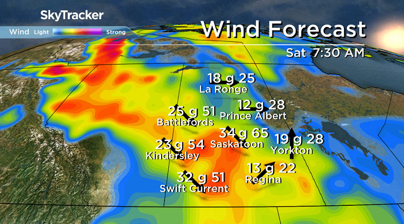 Wind gusts upwards of 50 to 60 km/h will pick up along a cold front early Saturday in central Saskatchewan.
