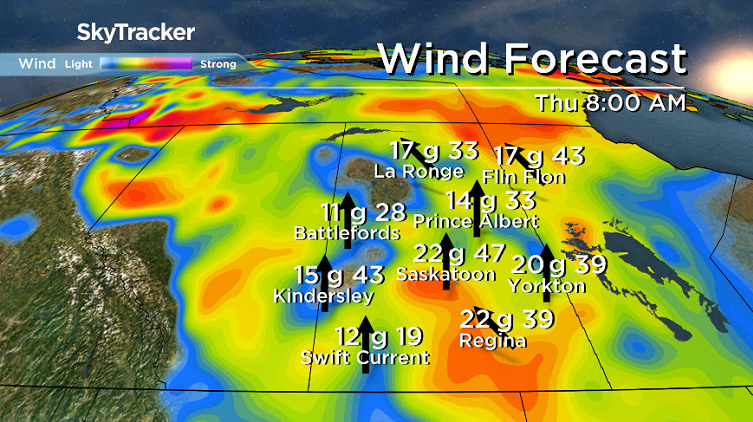 Strong southerly winds continue into Thursday morning before easing back.