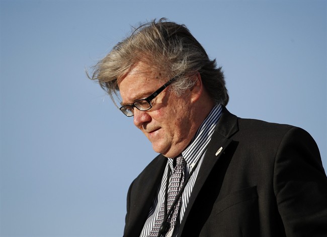 In this April 9, 2017, file photo, White House chief strategist Steve Bannon steps off Air Force One at Andrews Air Force Base, Md. Bannon was with President Donald Trump on his return trip from Florida. 