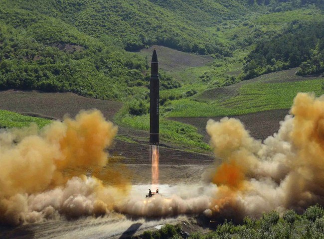 This file photo distributed by the North Korean government shows what was said to be the launch of a Hwasong-14 intercontinental ballistic missile, ICBM, in North Korea's northwest, Tuesday, July 4, 2017.