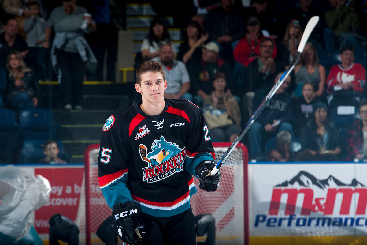 KELOWNA, CANADA - SEPTEMBER 24: Cal Foote #25 of the Kelowna Rockets enters the ice against the Kamloops Blazers on September 24, 2016 at Prospera Place in Kelowna, British Columbia, Canada.  (Photo by Marissa Baecker/Shoot the Breeze)  *** Local Caption *** Cal Foote;.