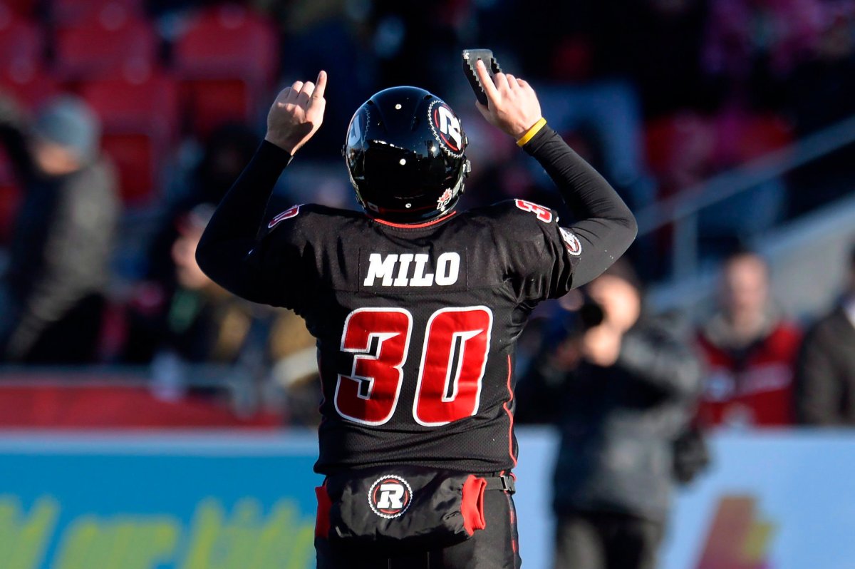 Ottawa Redblacks kicker Chris Milo celebrates after kicking a field goal during second half action against the Hamilton Tiger-Cats in the CFL East Division final in Ottawa, Sunday November 22, 2015.