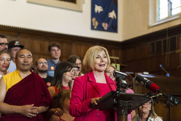 Ontario New Democrat MPP Cheri DiNovo speaks to the media in Toronto on Tuesday, June 7, 2016. 