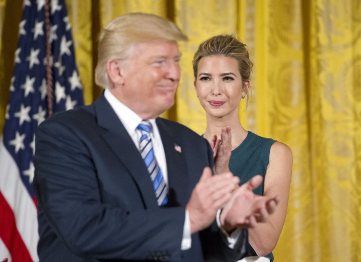 Ivanka Trump looks on following United States President Donald J. Trump's remarks during an event with small businesses in the East Room of the White House.
