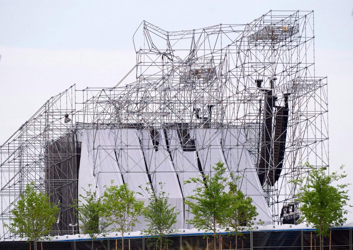 A collapsed stage is shown at a Radiohead concert at Downsview Park in Toronto on June 16, 2012.