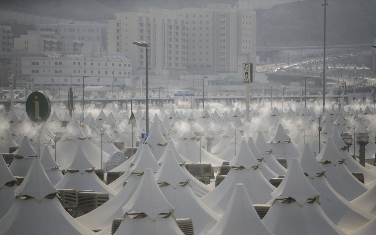 Water is sprayed to cool down the heat ahead of Hajj in the tent city of Mina, Saudi Arabia, 29 August 2017.