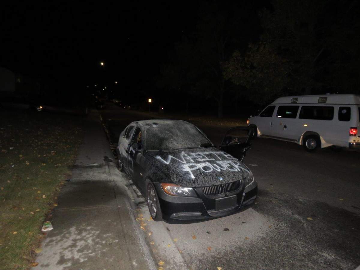 Calgary police are investigating after officers found a car covered in hateful graffiti on Sept. 19, 2017.