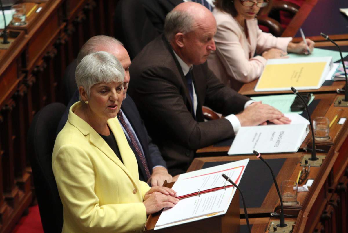 B.C. Finance Minister Carole James delivers the budget from the legislative assembly at Legislature in Victoria, B.C., on Monday, September 11, 2017. 