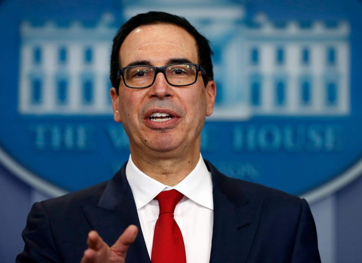 In this Aug. 25, 2017, file photo, Treasury Secretary Steven Mnuchin speaks at the White House in Washington.