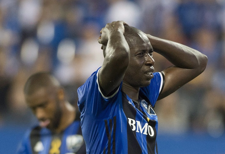 Montreal Impact's Hassoun Camara reacts after missing a scoring chance against Minnesota United FC during second half MLS soccer action in Montreal, Saturday, September 16, 2017.