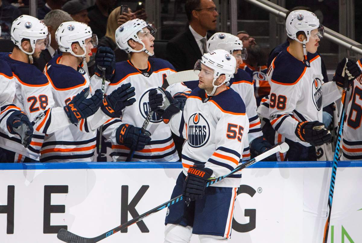 Edmonton Oilers forward Mark Letestu (55) celebrates a goal against the Calgary Flames during third period NHL preseason action in Edmonton, Alta., on Monday September 18, 2017.