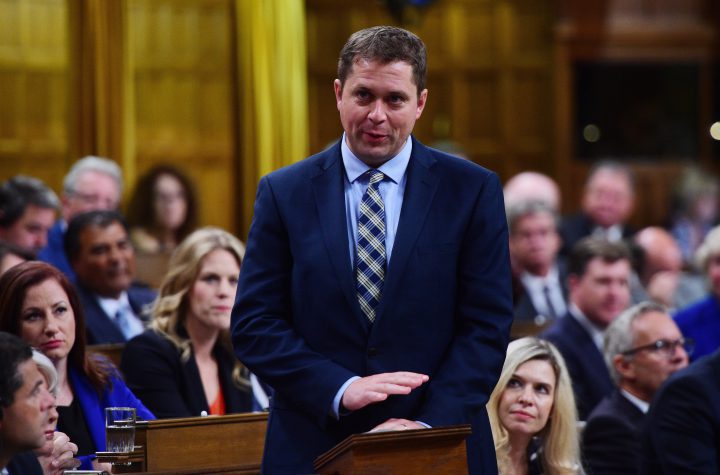 Conservative Leader Andrew Scheer stands during question period in the House of Commons on Sept. 19, 2017. 