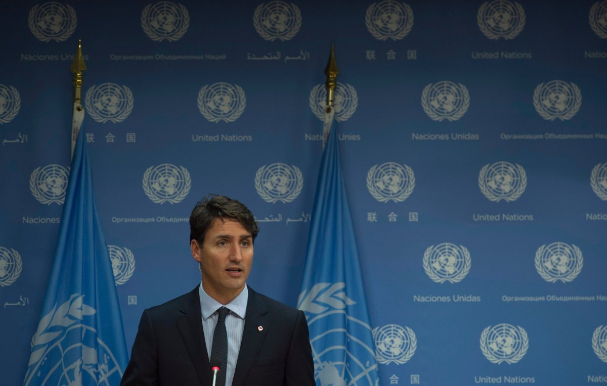 Canadian Prime Minister Justin Trudeau speaks during a news conference at the United Nations headquarters in New York City, Thursday September 21, 2017. 