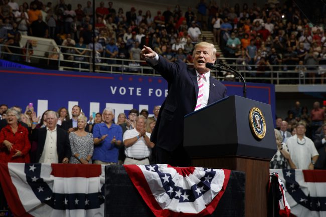 President Donald Trump speaks during a campaign rally for Senate candidate Luther Strange, Friday, Sept. 22, 2017, in Huntsville, Ala.