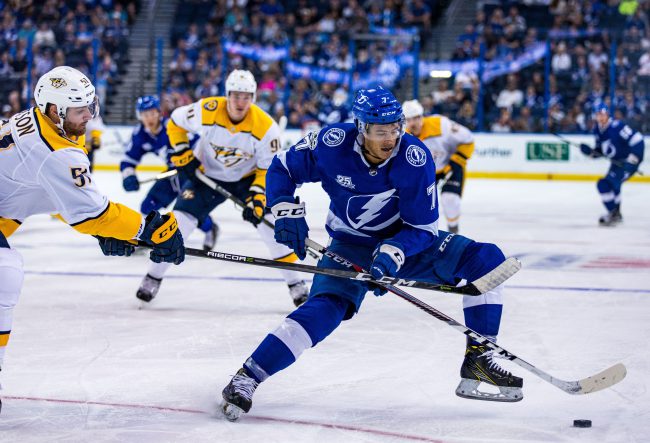 Nashville Predators left wing Austin Watson (51) gets called for slashing against Tampa Bay Lightning center Mathieu Joseph (7) in the 3rd period in the game between the Nashville Predators and the Tampa Bay Lightning at Amalie Arena in Tampa, Florida
NHL Predators vs Lightning, Tampa, USA - 22 Sep 2017.