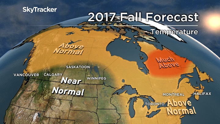 Warmer than normal temperatures are expected for a large portion of Canada this fall.