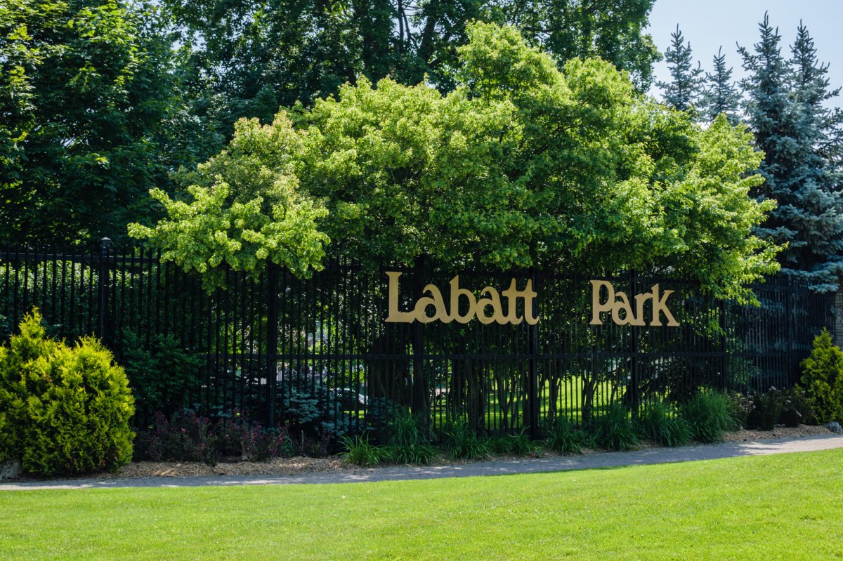 The sign for Labatt Park as seen along Riverside Drive.