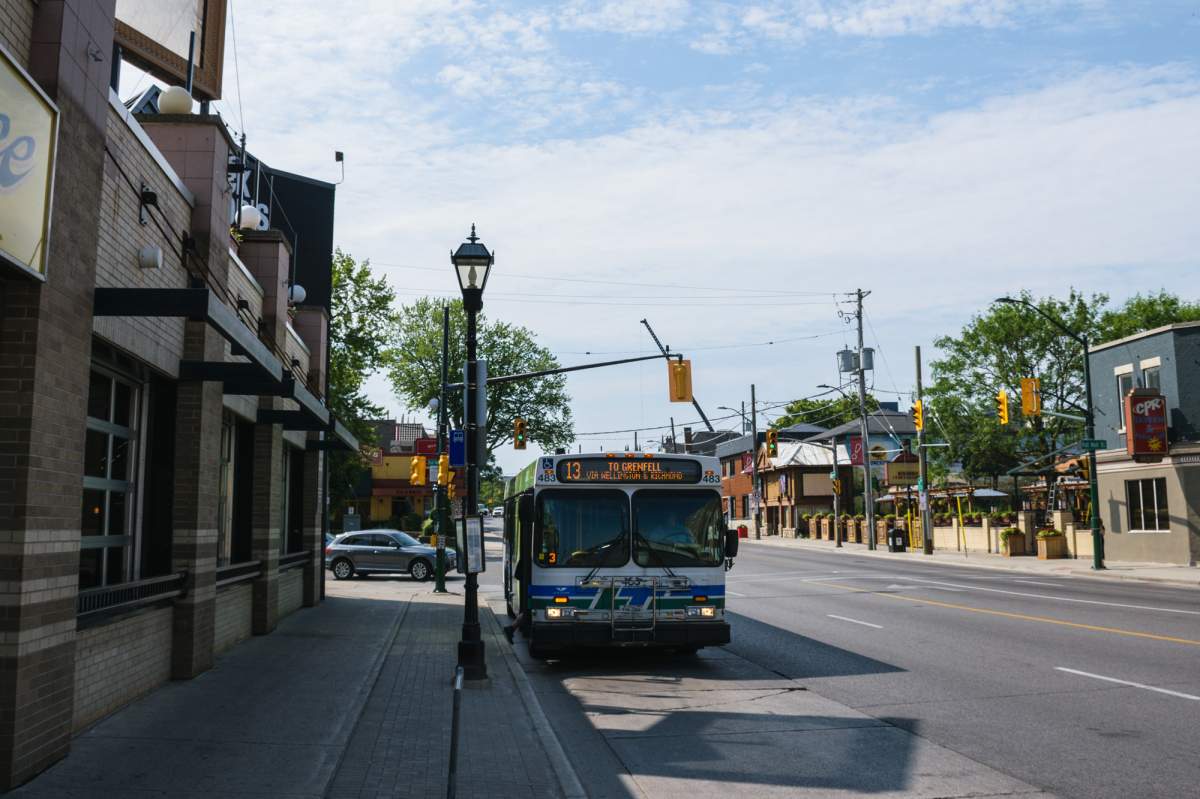 A London Transit bus waits at a bus stop on Richmond Street at Pall Mall Street, June 14, 2017 (Matthew Trevithick/AM980).