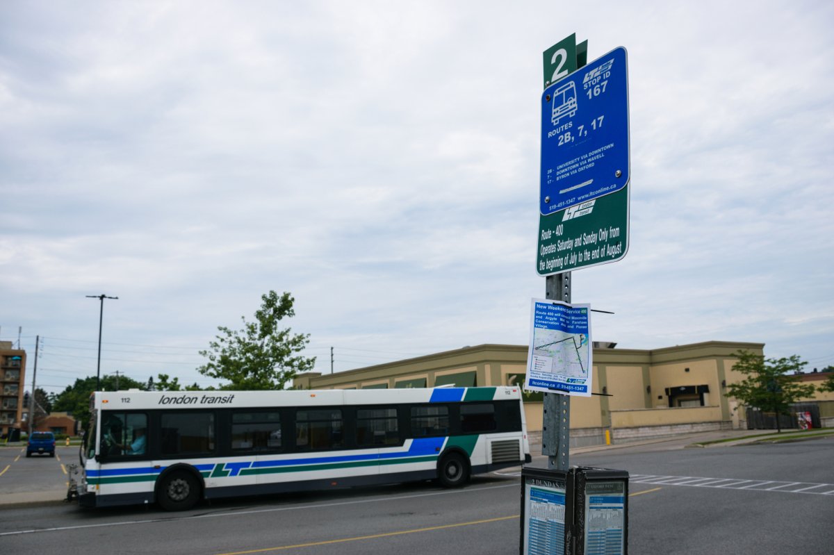 A London Transit bus waits at the Argyle Plaza bus terminal on July 19, 2017.