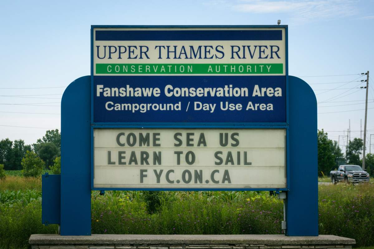 The Upper Thames River Conservation Authority and Fanshawe Conservation Area sign along Clarke Road in 2017.