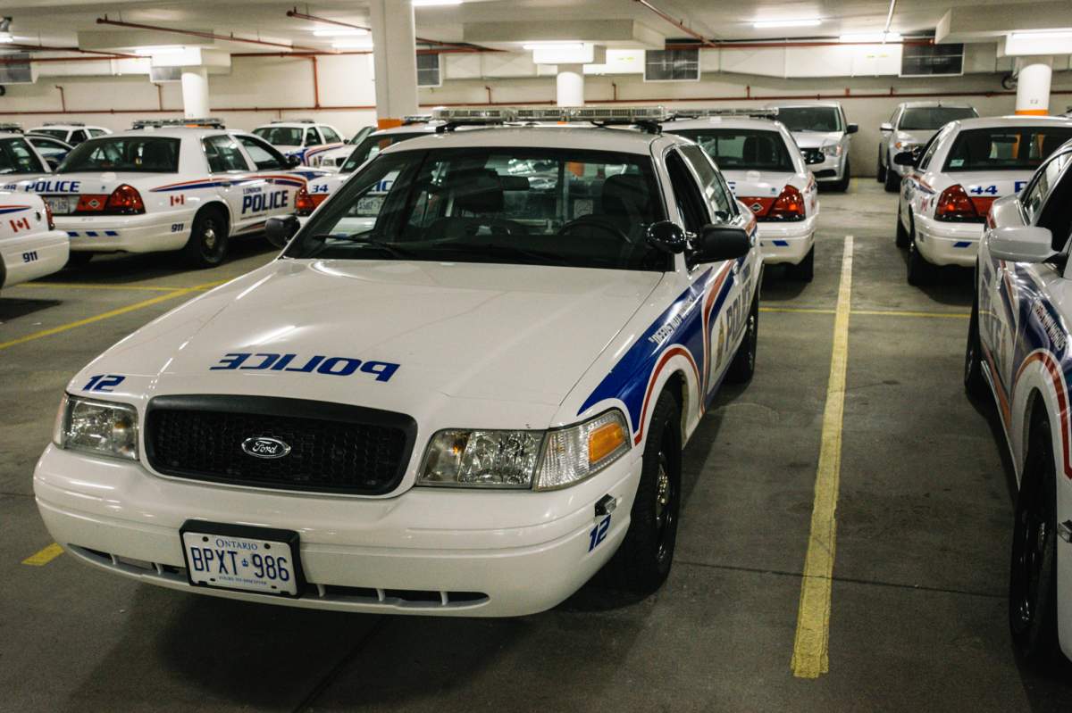 London police vehicles in police parking garage, September 6, 2017. (Matthew Trevithick/AM980).