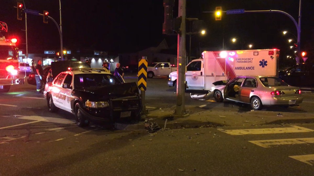 A crash between an Abbotsford Police cruiser and another vehicle.