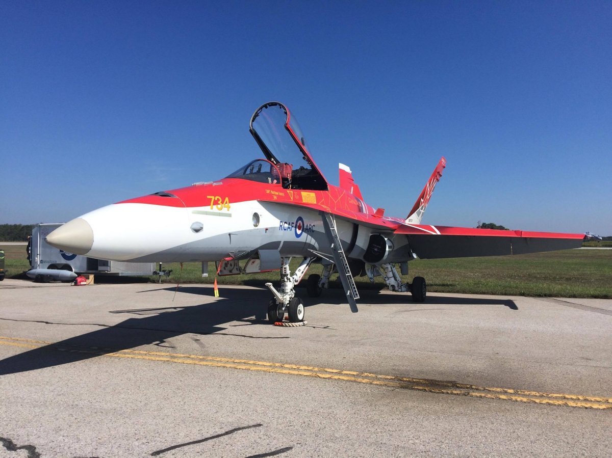 An RCAF F-18 fighter jet decked out in Canada 150 fashion at the London Airshow, September 2017.