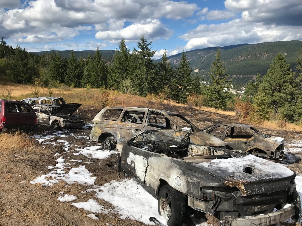 A total of six cars went up in flames Monday in West Kelowna. 