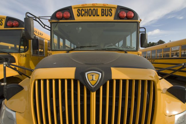 Wide angle shot of a parked school bus amongst other busses in Simcoe, Ontario on Saturday, July 7, 2007.