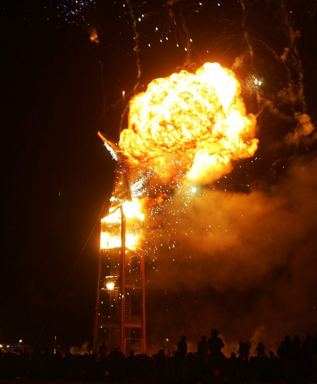 An effigy of 'The Man' burns during the Burning Man festival in the Black Rock Desert near Gerlach, Nev., Aug. 30, 2008.