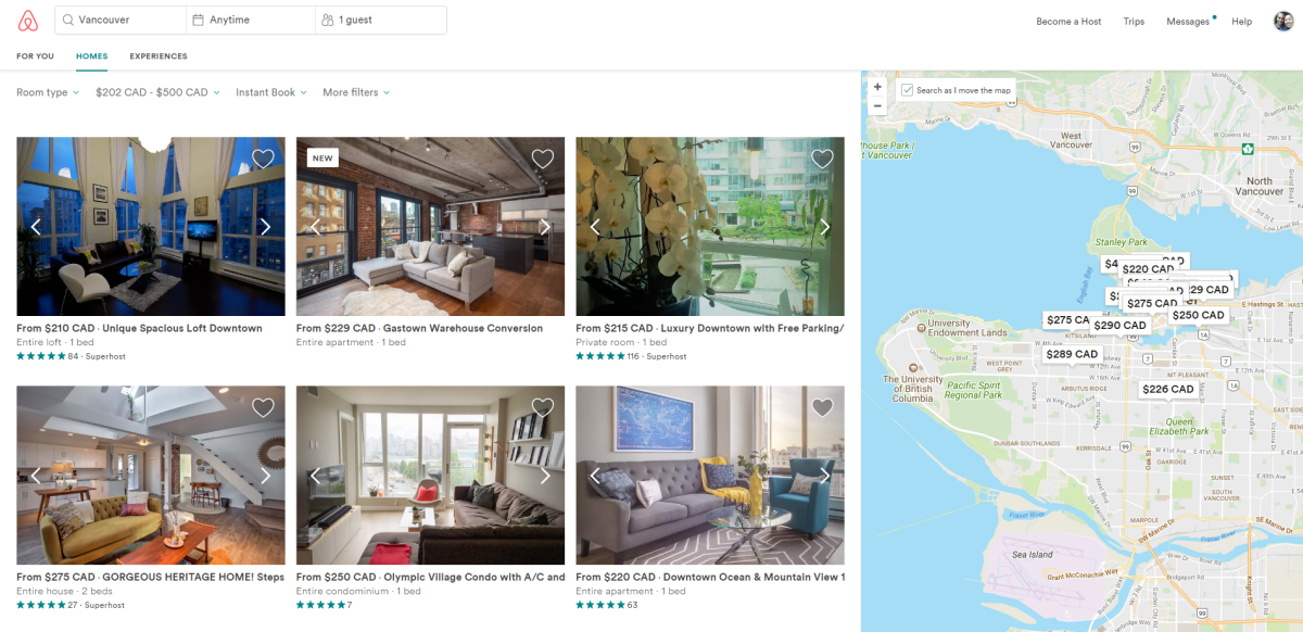 A smattering of Airbnb listings in Vancouver.