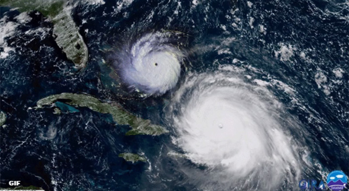 Combination of satellite images show size comparison of Hurricane Andrew in 1992 and Hurricane Irma on September 7, 2017.