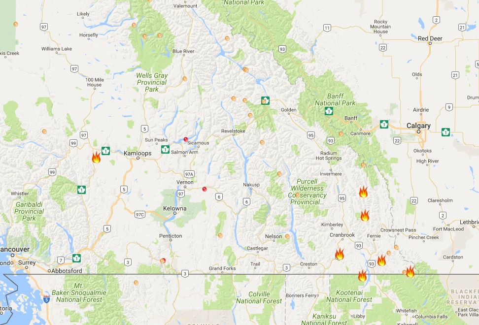 Wildfires burning around B.C. as of Sept. 28.
