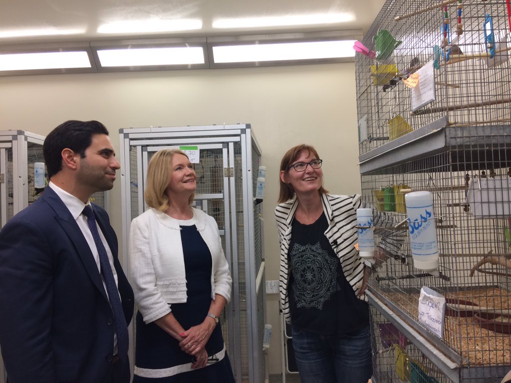 Beth MacDougall-Shackleton gives MPs Peter Fragiskatos and Kate Young a tour of the Advanced Facility for Avian Research on campus.