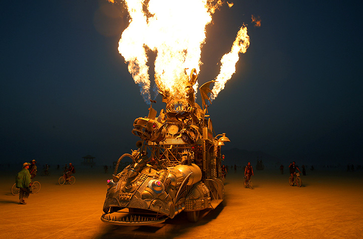 The “Rabid Transit” Burning Man art car erupts with flames during the 4th day of the annual Burning Man arts and music festival in the Black Rock Desert of Nevada, August 31, 2017.