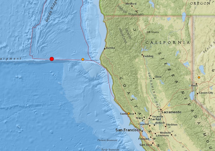 This U.S. Geological Survey (USGS) map shows where a pair of earthquakes struck off California on Sept. 22, 2017. 